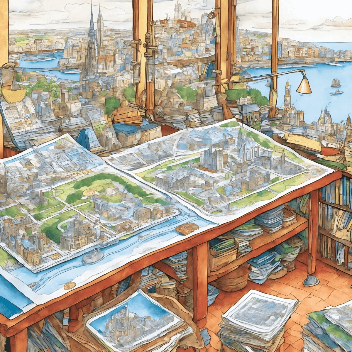 3D maps in a cartographer's study in watercolour style